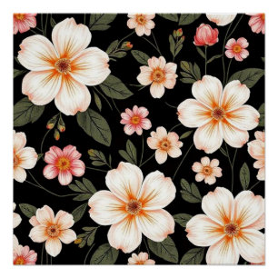 Helder bloempatroon op zwart perfect poster
