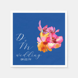 Helder Bloemrijk Watercolor Monogram Blauw Bruilof Servet