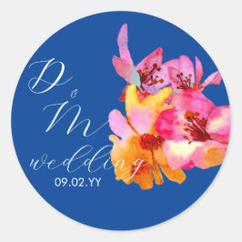 Helder Bloemrijk Watercolor Monogram Blauwe Trouw Ronde Sticker