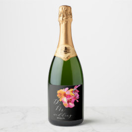 Helder Bloemrijk Watercolor Monogram Zwart Bruilof Sparkling Wijnetiket