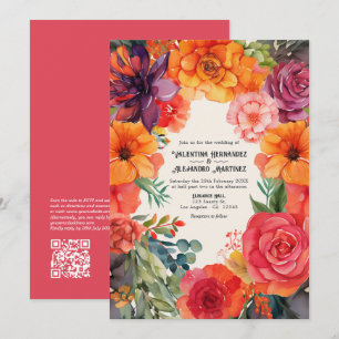 Helder Bloemrijke Fiesta Bruiloft met Details QR C Kaart