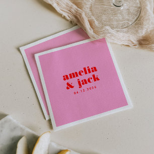 Helder Bold Roze en Rood Modern Monogram Huwelijk Servet