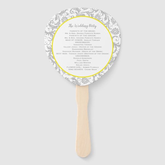 Helder Canary Geel & Grijs Damask Trouwprogramma Handwaaier (Achterkant)
