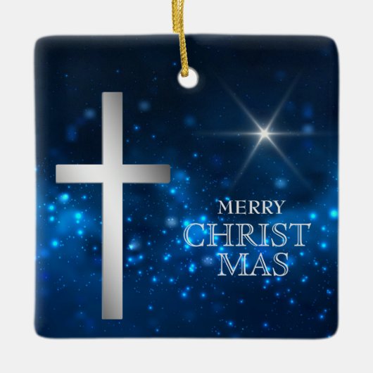 Helder Christelijke Silver Cross-Kerstmis Keramisch Ornament (Voorkant)