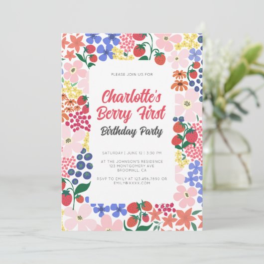 Helder en Bold Strawberry Eerste Verjaardagsfeest Kaart (Staand voorkant)