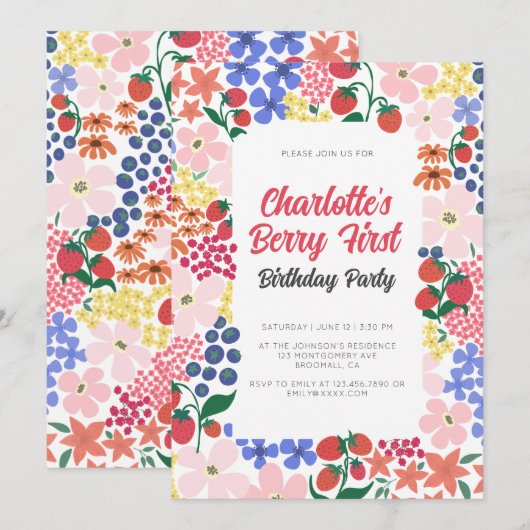 Helder en Bold Strawberry Eerste Verjaardagsfeest Kaart (Voorkant / Achterkant)