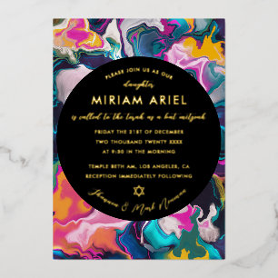 Helder en Kleurrijk Abstract Marmerend Bat Mitzvah Folie Uitnodiging