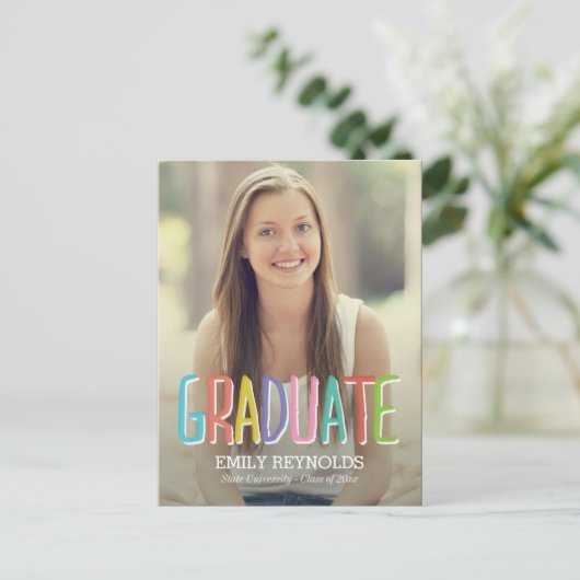Helder en kleurrijk Afstuderen Aankondiging/Uitnod Uitnodiging Briefkaart (Staand voorkant)