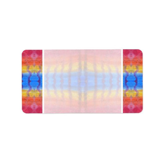 Helder en kleurrijk. Rood, blauw en geel patroon. Etiket (Voorkant)