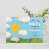 Helder en speels "Here Comes The Son" Baby shower Kaart (Staand voorkant)