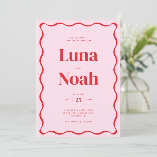 Helder en vet roze en rood bruiloft kaart (Staand voorkant)