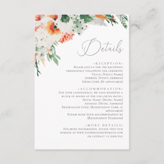 Helder en vet Sinaasappel Wildflower bruiloft deta Informatiekaartje