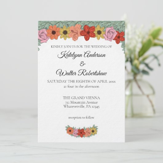 Helder en vet verhalenboek bloemenbruiloft kaart (Staand voorkant)