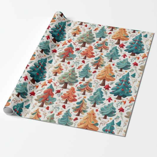 Helder feestelijk inpakpapier met kerstbomen (Uitgerold)
