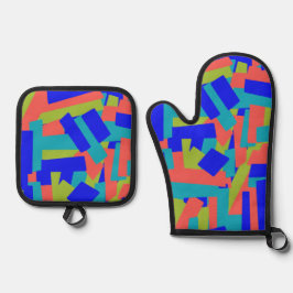 Helder fel blauw groen koraal abstracte patches ovenwant & pannenlap set