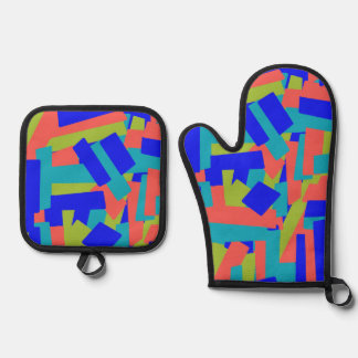 Helder fel blauw groen koraal abstracte patches ovenwant & pannenlap set