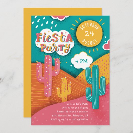 Helder Fiesta Feest. Cactus-taco's en tequila Kaart (Voorkant / Achterkant)