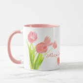 Helder, fris, roze tulpenboeket op witte naam mok (Links)