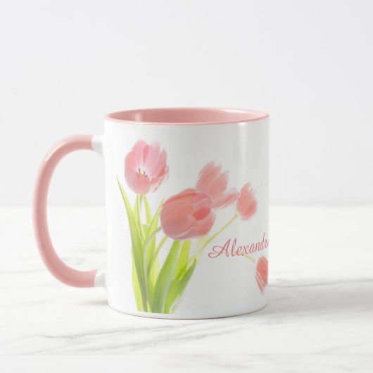 Helder, fris, roze tulpenboeket op witte naam mok (Links)