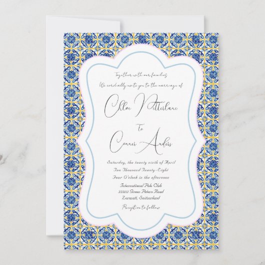 Helder gedetailleerd blauw tegelpatroon bruiloft kaart (Voorkant)