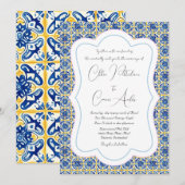 Helder gedetailleerd blauw tegelpatroon bruiloft kaart (Voorkant / Achterkant)