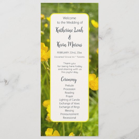 Helder geel bloemenbruiloft plat programma programmakaart (Voorkant)