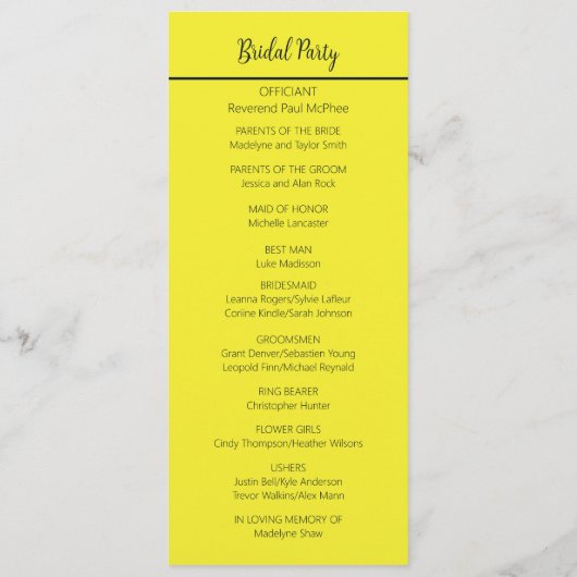 Helder geel bloemenbruiloft plat programma programmakaart (Achterkant)