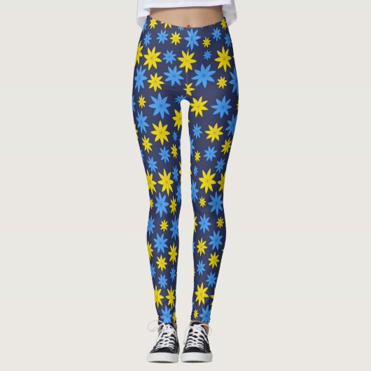 Helder geel en blauw bloemmotief leggings (Voorkant)