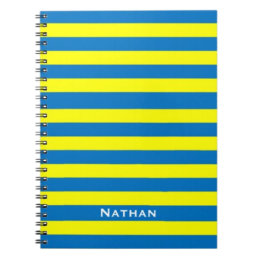Helder geel en blauw gestreept gepersonaliseerd notitieboek (Voorkant)