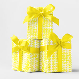 Helder geel en wit Grieks sleutelpatroon Cadeaupapier
