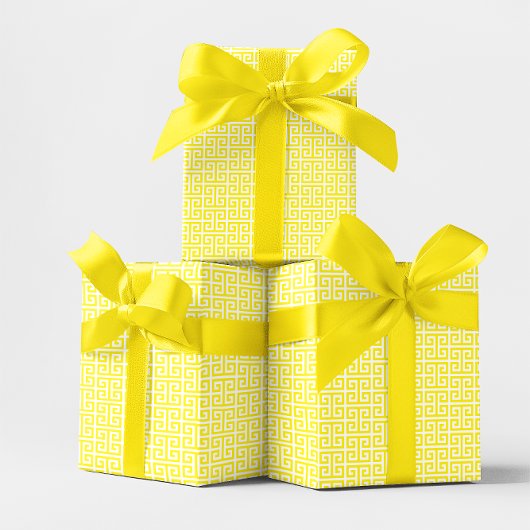 Helder geel en wit Grieks sleutelpatroon Cadeaupapier