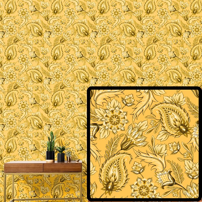 Helder Geel Goud Bloemen Paisley Elegant Behang (Creator heeft geüpload)