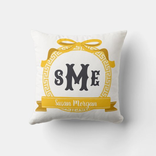 Helder Geel Griekse Sleutel Strik Monogram Kussen (Achterkant)