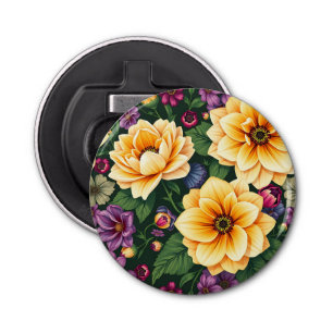 Helder Geel & Paarse Bloemen Kleurrijke Bloemen Button Flesopener