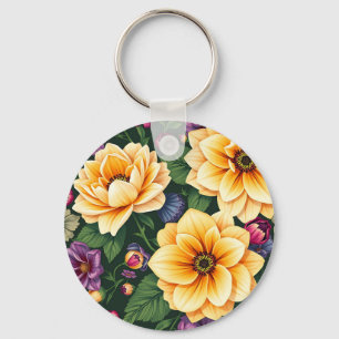 Helder Geel & Paarse Bloemen Kleurrijke Bloemen Sleutelhanger