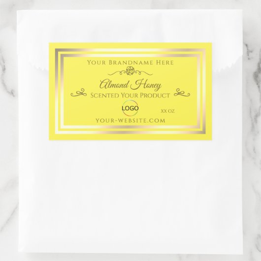 Helder Geel Productlabel Gouden Frame met Logo Rechthoekige Sticker (Tas)