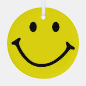 Helder geel vrolijk lachend gezicht glas ornament (Achterkant)