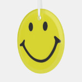Helder geel vrolijk lachend gezicht glas ornament (Voorkant links)