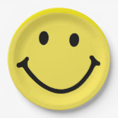 Helder geel vrolijk lachend gezicht papieren bordje (Voorkant)