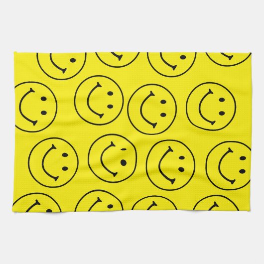 Helder geel vrolijk lachend gezicht theedoek (Horizontaal)