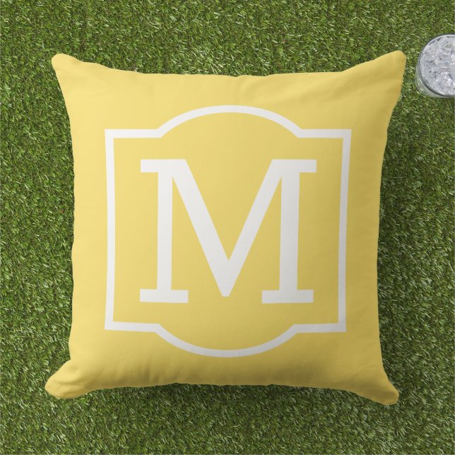 Helder Geel Witte Haak Monogram Buitenkussen (Gras)