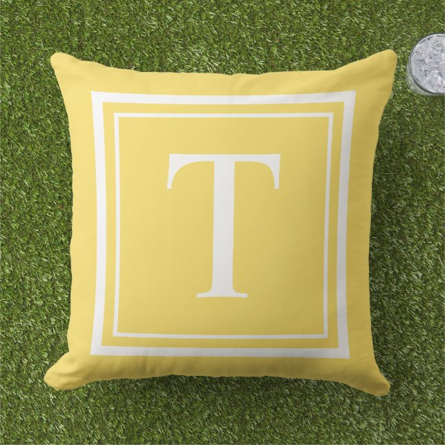Helder Geel Witte Vierkante Frame Monogram Buitenkussen (Gras)