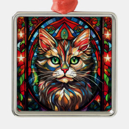 HELDER GEKLEURD GLAZEN IN LOOD KERST KAT GEZICHT METALEN ORNAMENT
