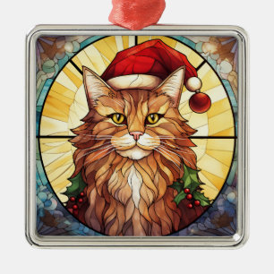 HELDER GEKLEURD GLAZEN IN LOOD KERST KAT GEZICHT METALEN ORNAMENT