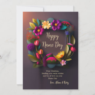 Helder gekleurde bloemenkrans naam dag Kaart