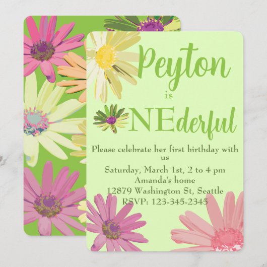 Helder gekleurde Daisy Eerste Verjaardag Kaart (Voorkant / Achterkant)