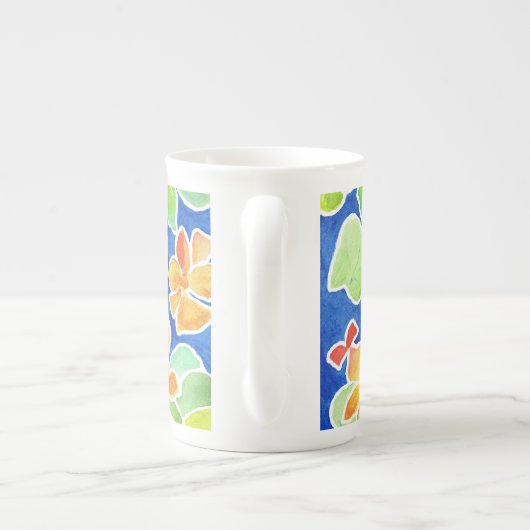 Helder gekleurde Nasturtiumbloemen op blauw Porselein Kop (Achterkant)