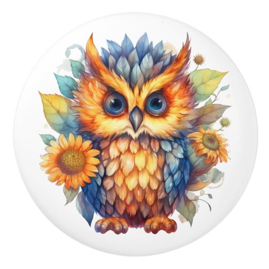 Helder Gekleurde Uil Deur trekken. Keramische Knop (Voorkant)
