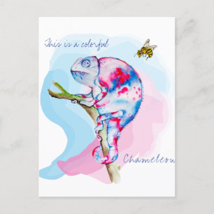 Helder gekleurde waterverf kameleon en bij. briefkaart