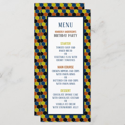 Helder geometrisch patroon, modern verjaardagsmenu menu (Voorkant / Achterkant)